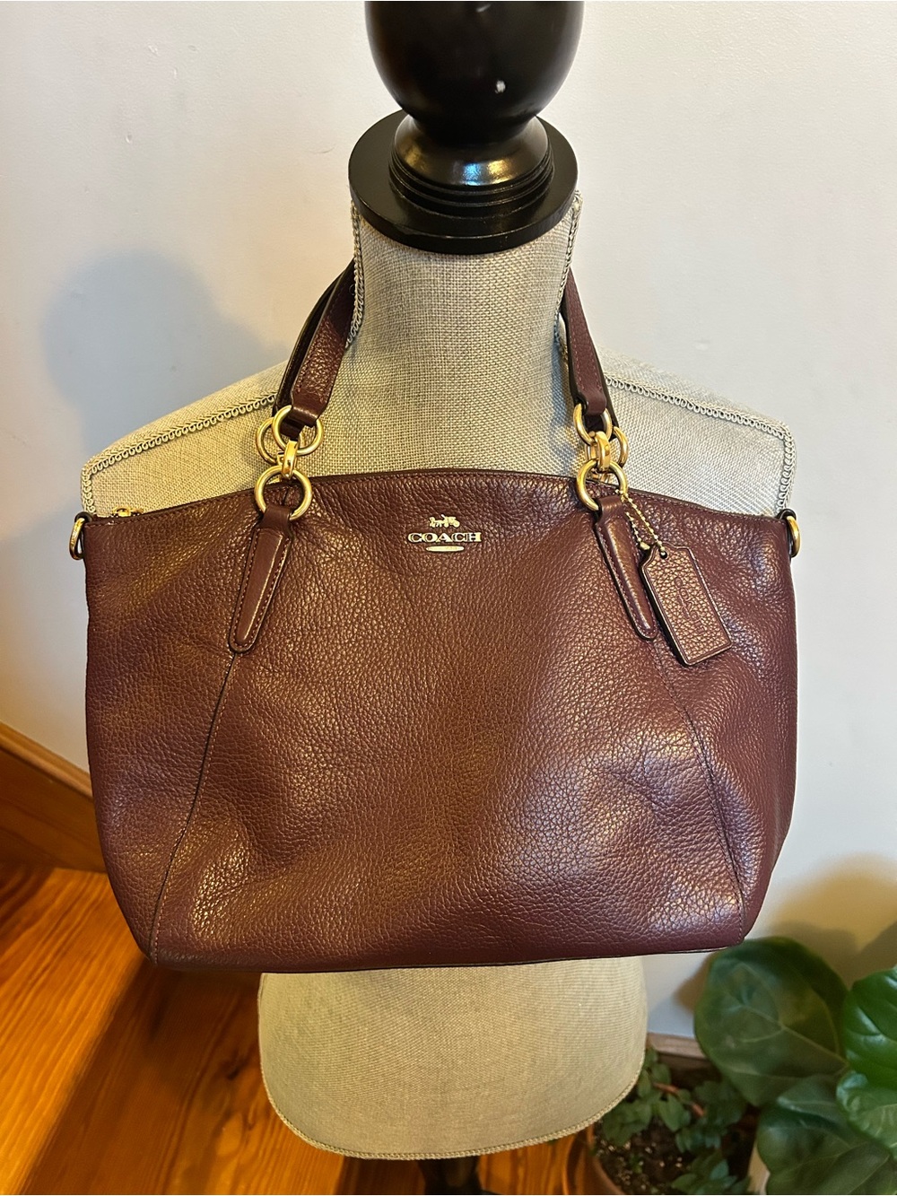 Coach Burgundy Pebbled Leather Shoulder Tote with Gold Hardware